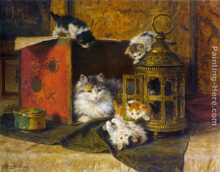 A Mother Cat Watching Her Kittens Playing painting - Henriette Ronner-Knip A Mother Cat Watching Her Kittens Playing art painting